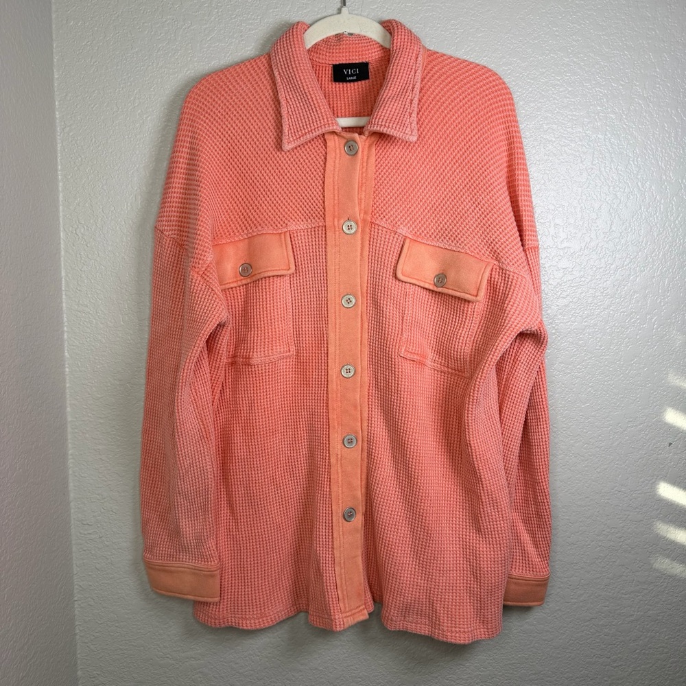 Vici Women’s Coral Waffle Knit Oversized Slouchy Button Down Shirt Shacket Large